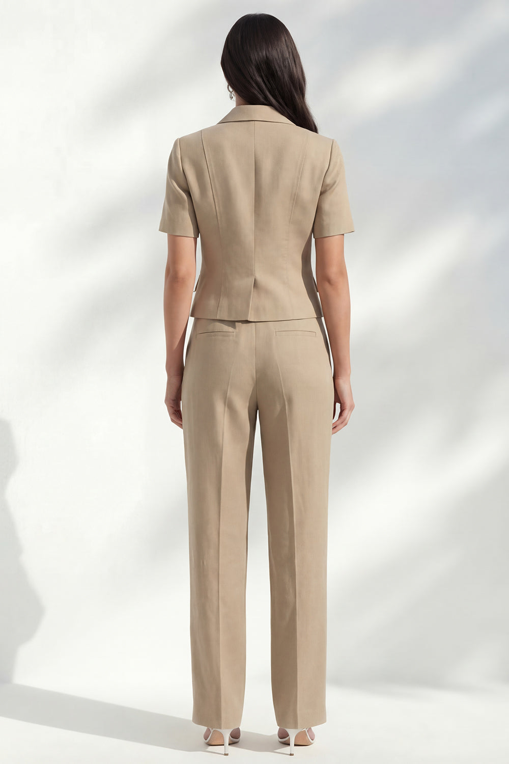 Notched Lapel Khaki 2 Piece Women's Linen Suits with Short Sleeves