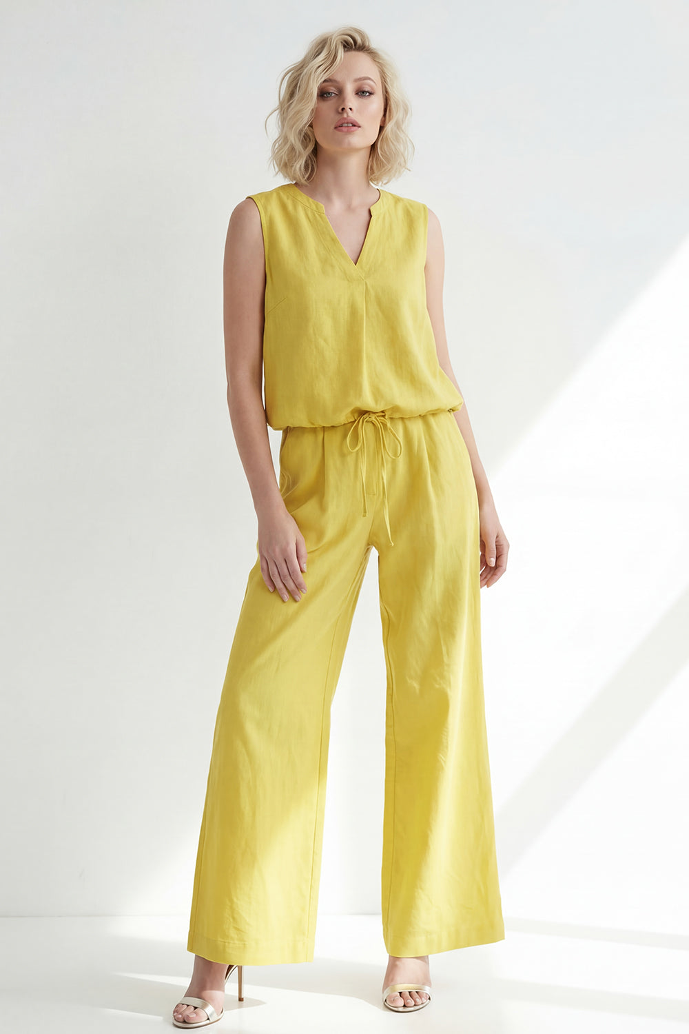 Yellow Sleeveless 2 Piece V Neck Women's Linen Suits