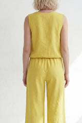 Yellow Sleeveless 2 Piece V Neck Women's Linen Suits