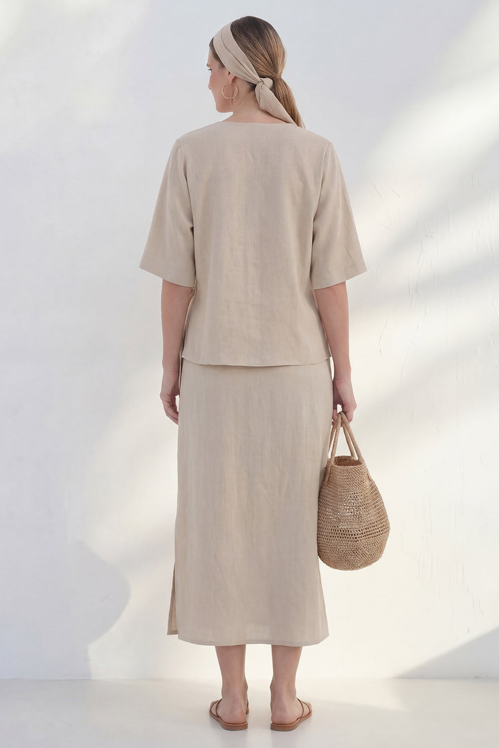 Khaki 2 Piece Half Sleeve A Line Midi Work Dress with Slit