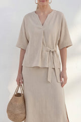 Khaki 2 Piece Half Sleeve A Line Midi Work Dress with Slit