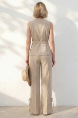 2 Piece Sleeveless Khaki Women's Linen Suits with Sash