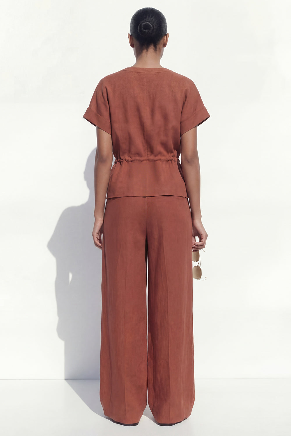 Caramel 2 Piece Women's Linen Suits with Short Sleeves