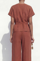 Caramel 2 Piece Women's Linen Suits with Short Sleeves