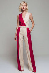 V Neck ColorBlock Light Khaki Women's Jumpsuits