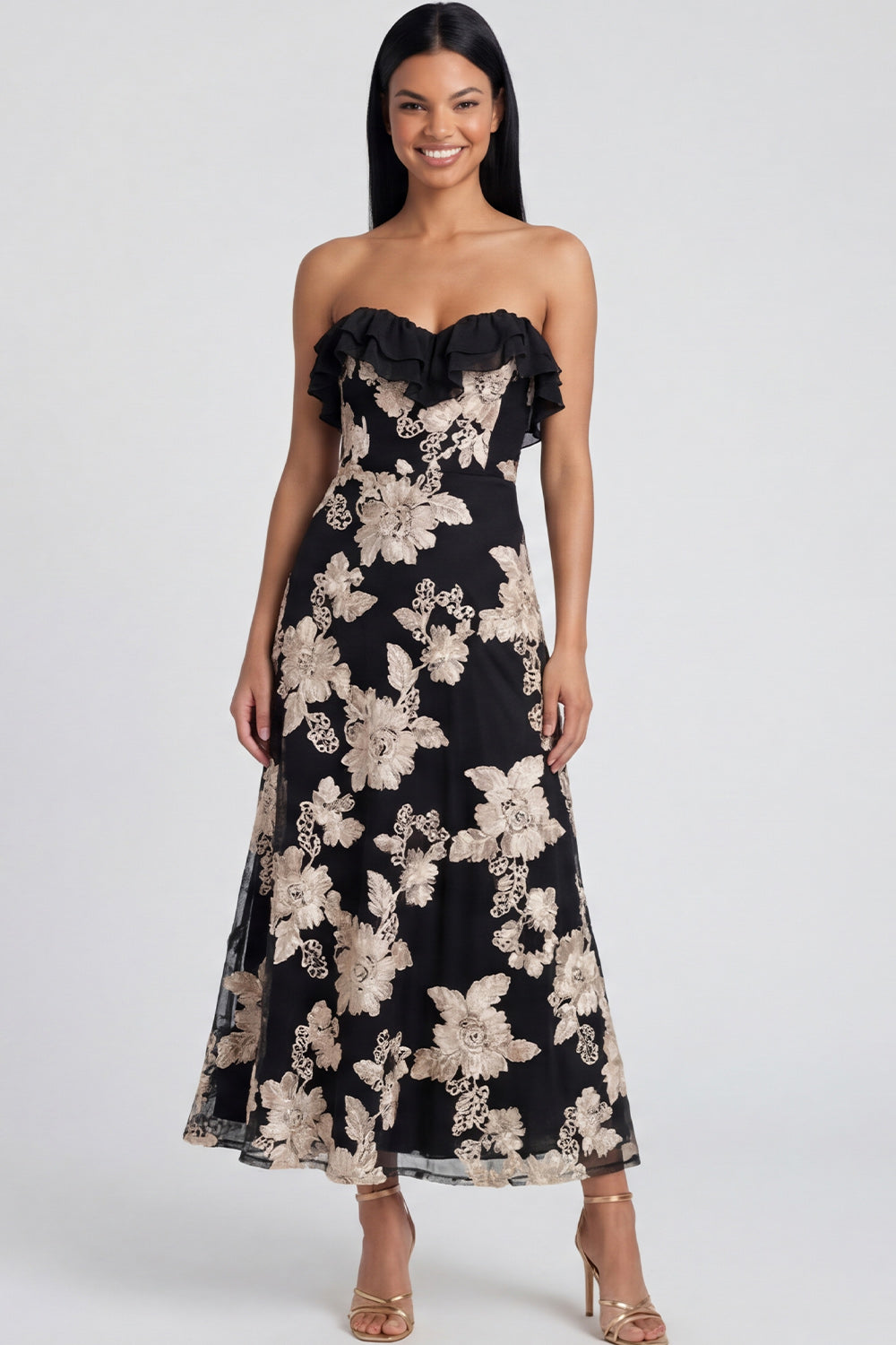 Strapless Ruffled A Line Floral Appliqued Yellow Wedding Guest Dress