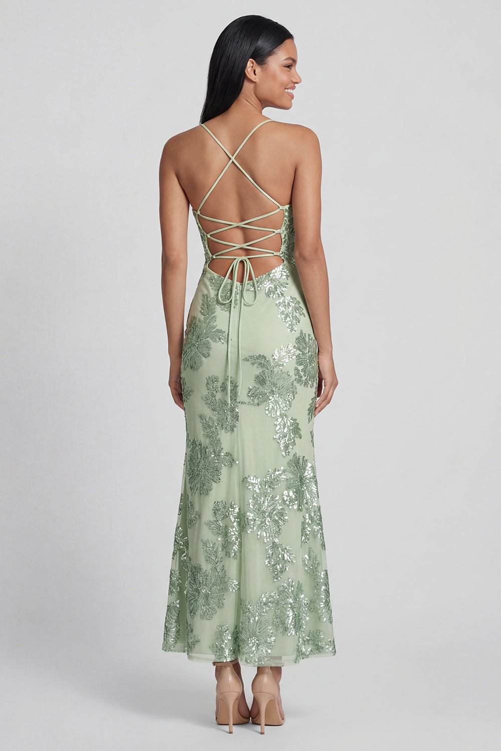 Mermaid Sequin Appliqued Sage Green Wedding Guest Dress