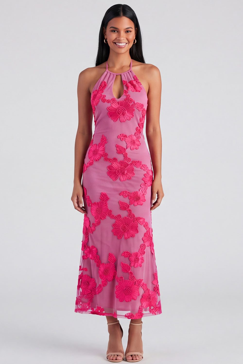 Blue Halter Cut Out Mermaid Floral Appliqued Wedding Guest Dress