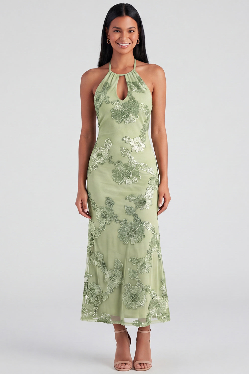 Blue Halter Cut Out Mermaid Floral Appliqued Wedding Guest Dress