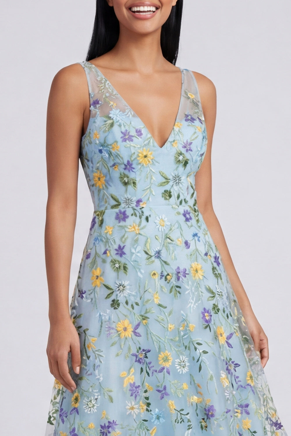 Floral Blue Embroidered A Line V Neck Wedding Guest Dress