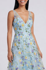 Floral Blue Embroidered A Line V Neck Wedding Guest Dress