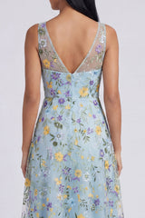 Floral Blue Embroidered A Line V Neck Wedding Guest Dress