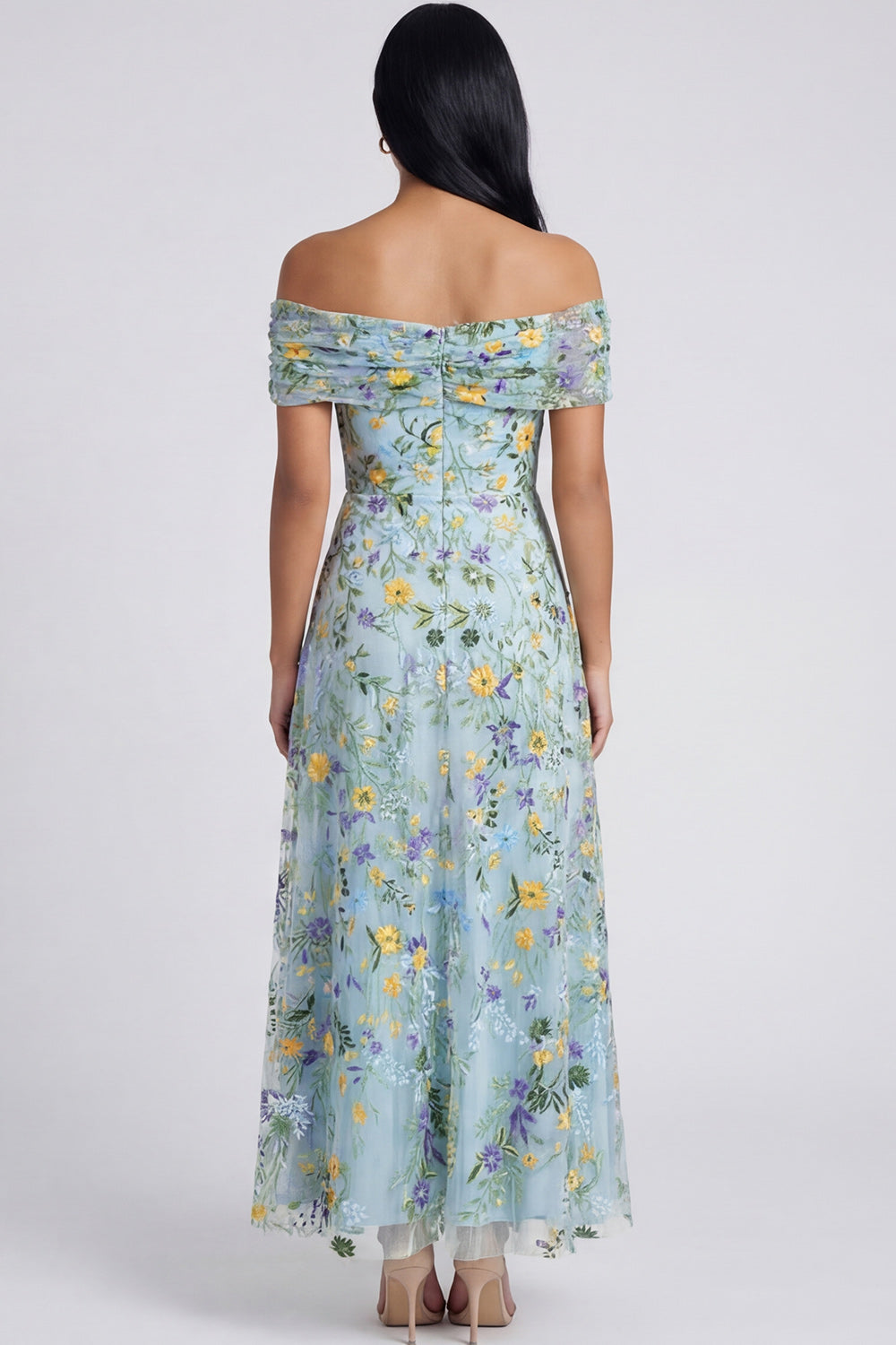 Off the Shoulder Floral Blue A Line Embroidered Wedding Guest Dress