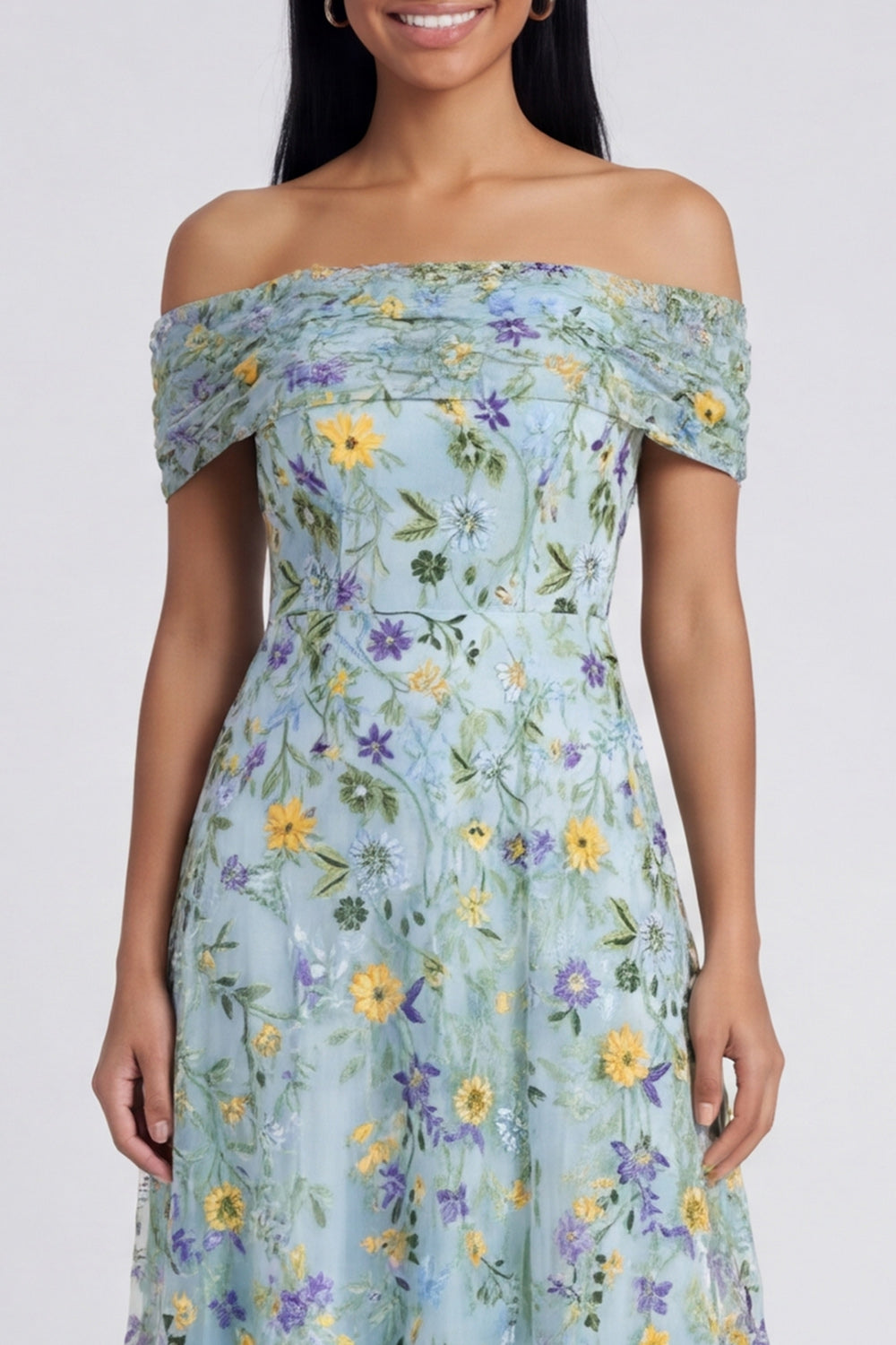 Off the Shoulder Floral Blue A Line Embroidered Wedding Guest Dress