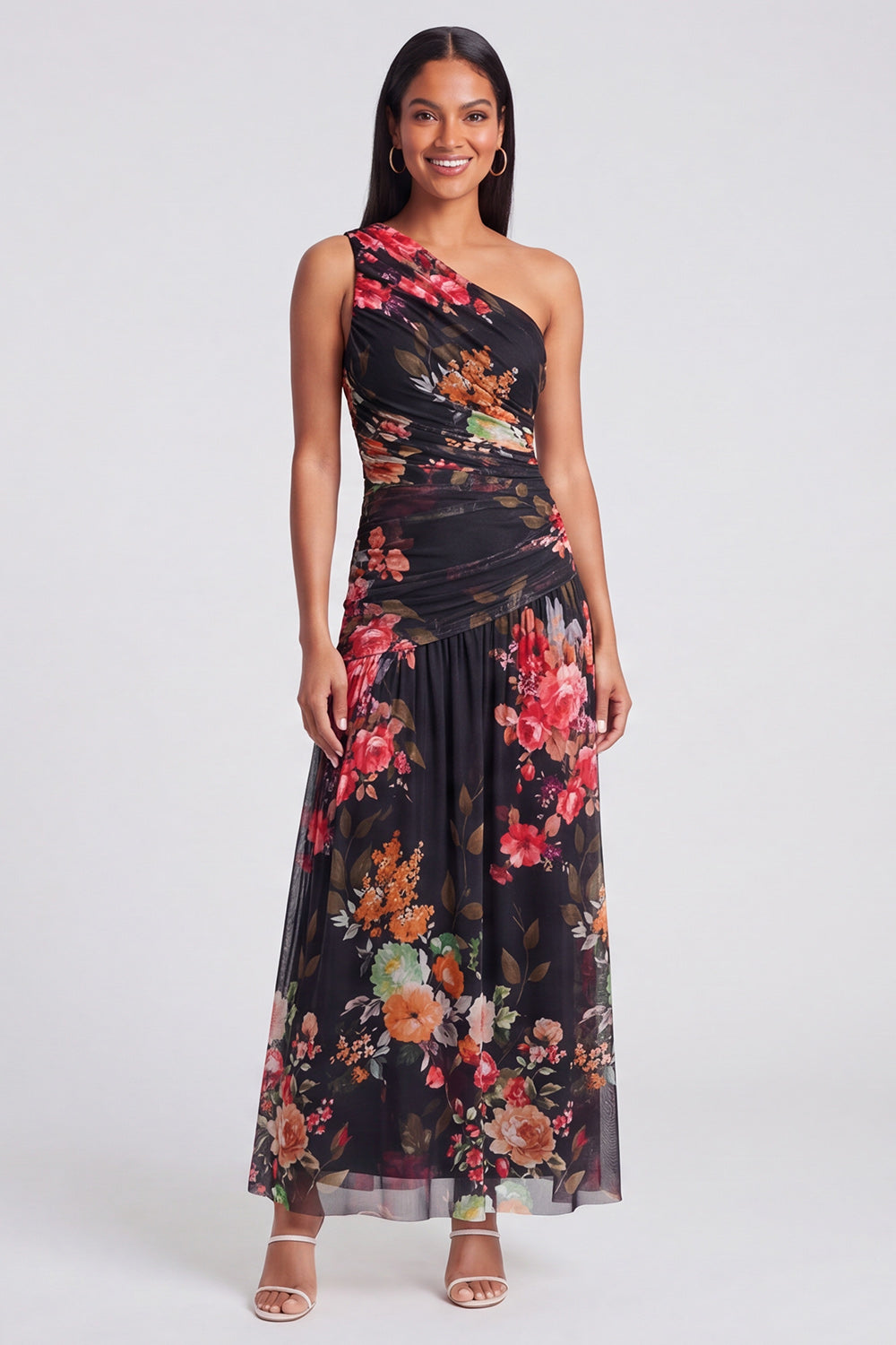 Ivory One Shoulder Ruched Printed A Line Wedding Guest Dress