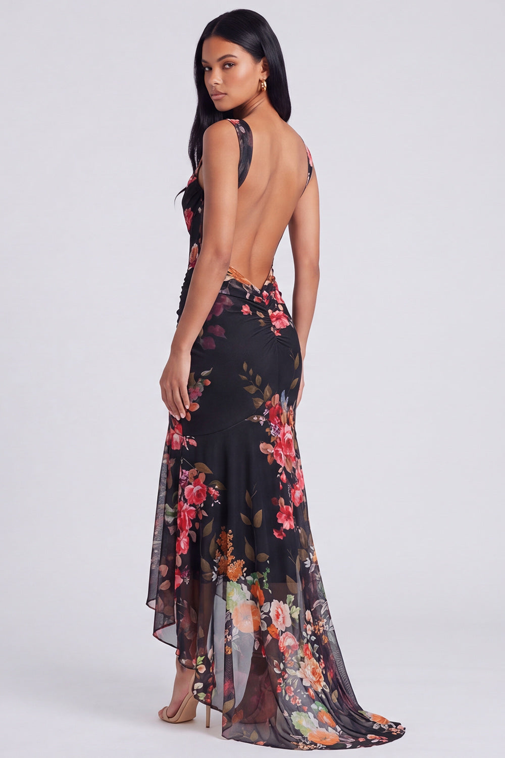 High Low Ivory Mermaid Ruched Printed Corset Wedding Guest Dress