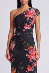 Black One Shoulder Ruched Printed Maxi Wedding Guest Dress