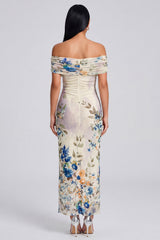 Off the Shoulder Ivory Ruched Printed Bodycon Wedding Guest Dress