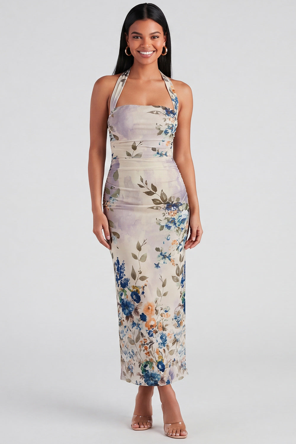 Halter Floral Champagne Printed Bodycon Wedding Guest Dress