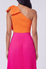 One Shoulder Bowed ColorBlock Orange and Fuchsia A Line Formal Dress