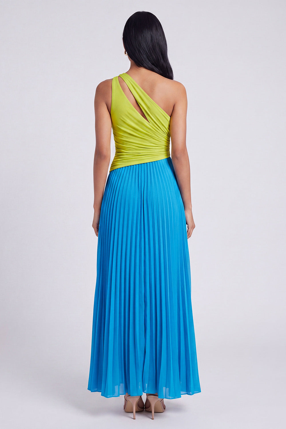 ColorBlock One Shoulder Pleated Green and Blue A Line Formal Dress