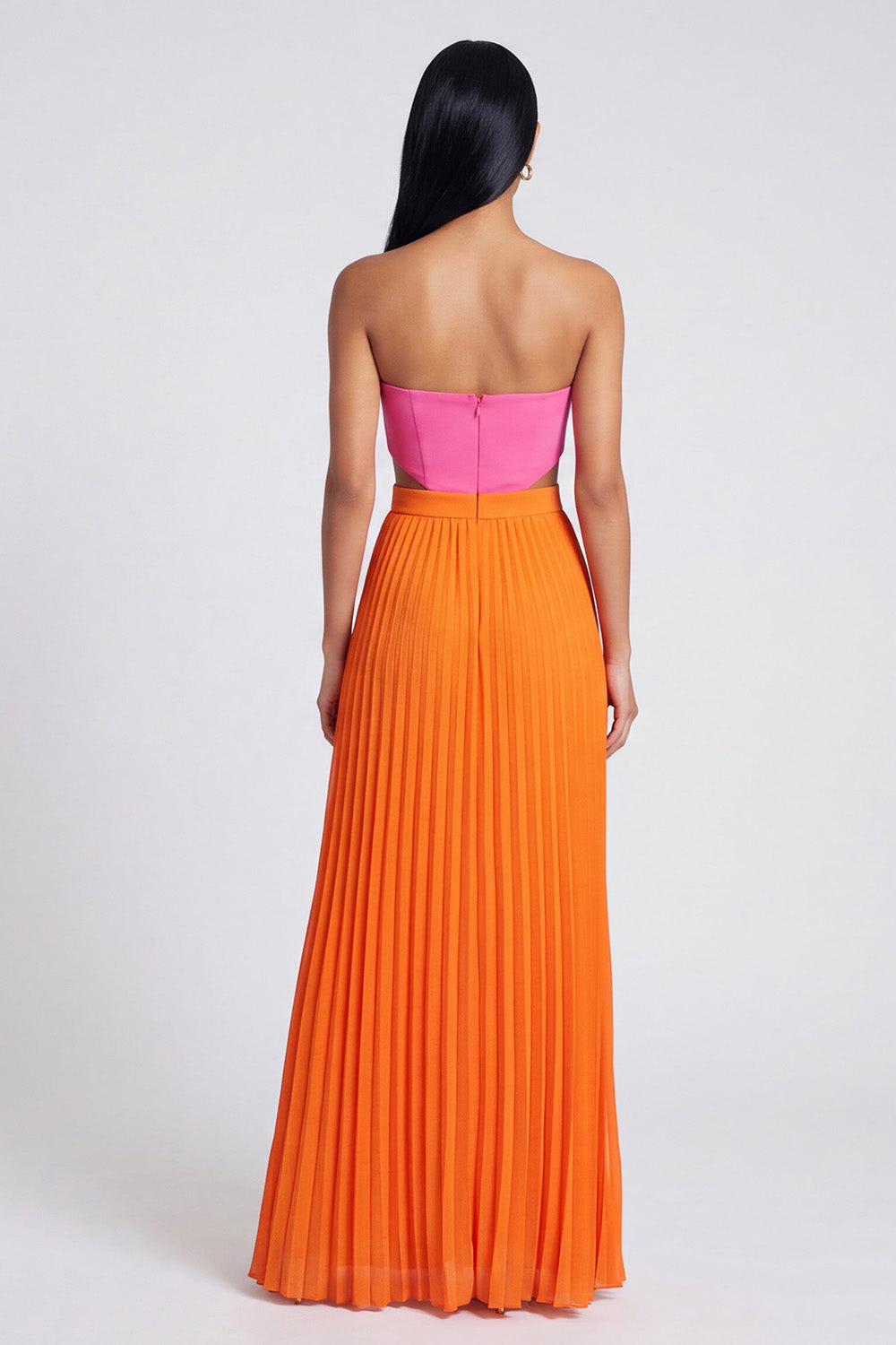 Strapless ColorBlock Pleated Pink and Orange A Line Formal Dress