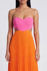 Strapless ColorBlock Pleated Pink and Orange A Line Formal Dress