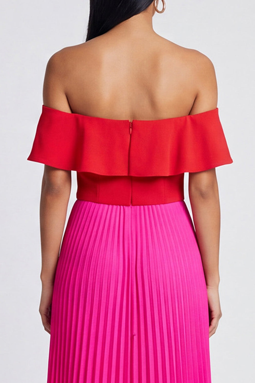 Off the Shoulder Pleated Ruffled ColorBlock Fuchsia and Red Formal Dress