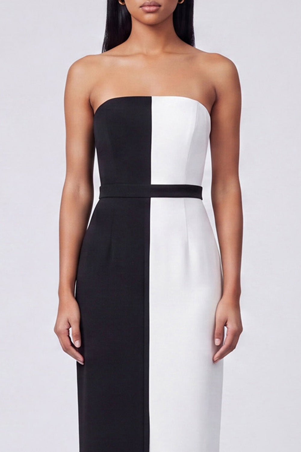 Strapless Black and White ColorBlock Bodycon Formal Dress