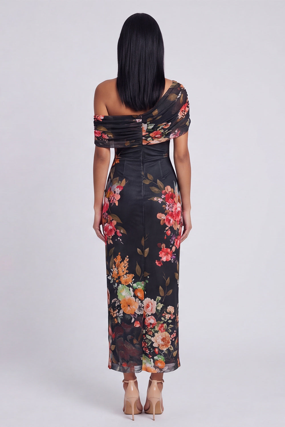 Ivory Asymmetrical Neck Printed Ruched Sheath Wedding Guest Dress