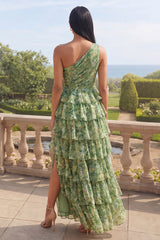 Tiered One Shoulder Dusty Green Ruched Wedding Guest Dress