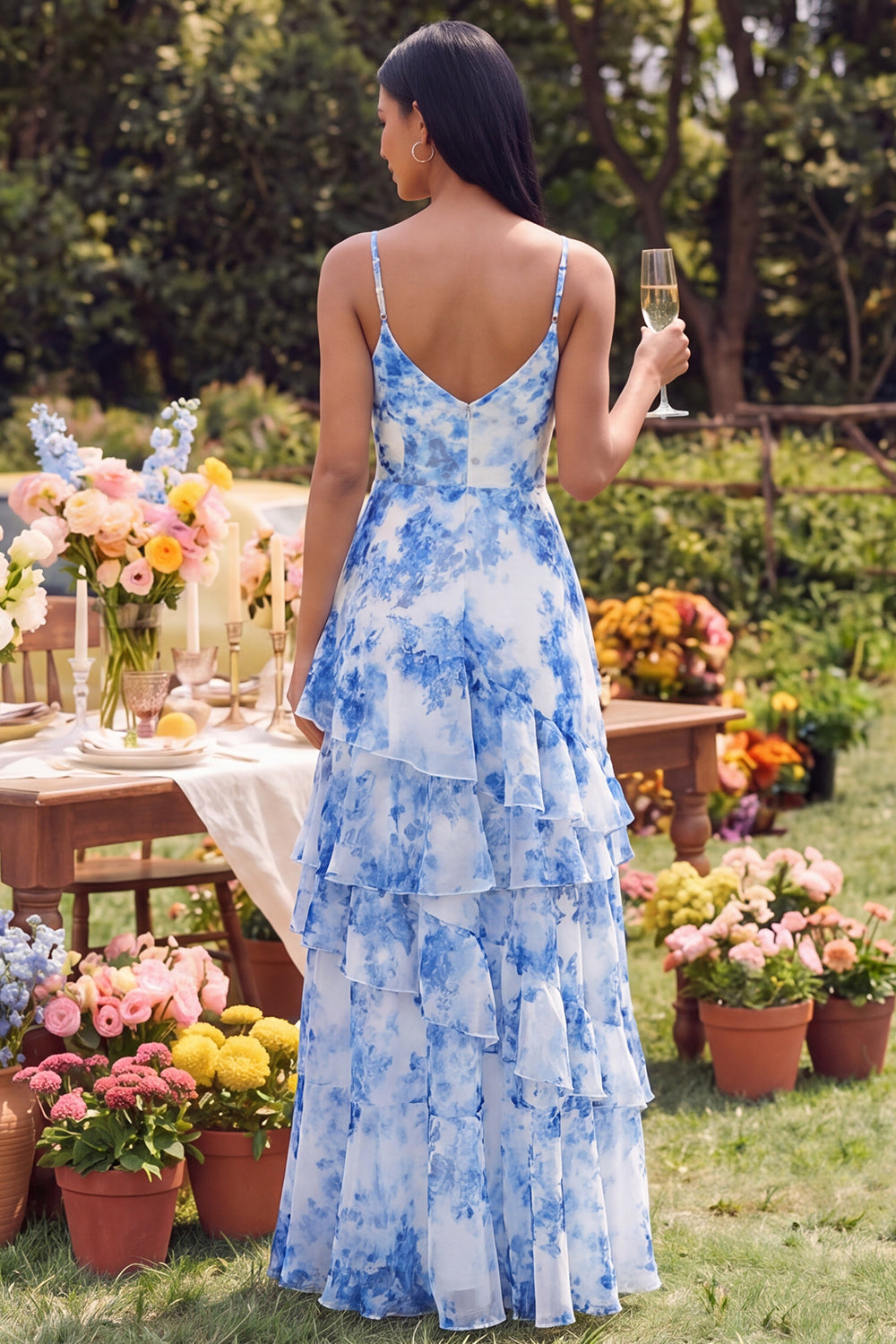 White Blue Floral V Neck Ruffled Maxi Wedding Guest Dress