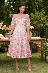 Floral Pink Round Neck A Line Midi Wedding Guest Dress