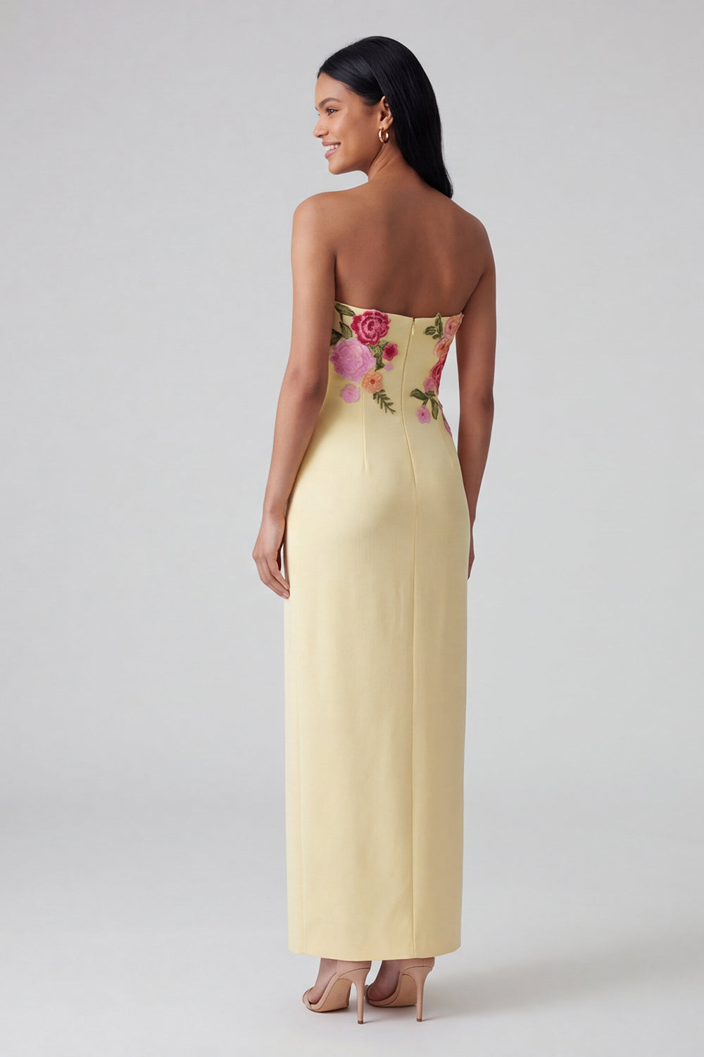 Strapless Light Yellow Printed Sheath Wedding Guest Dress