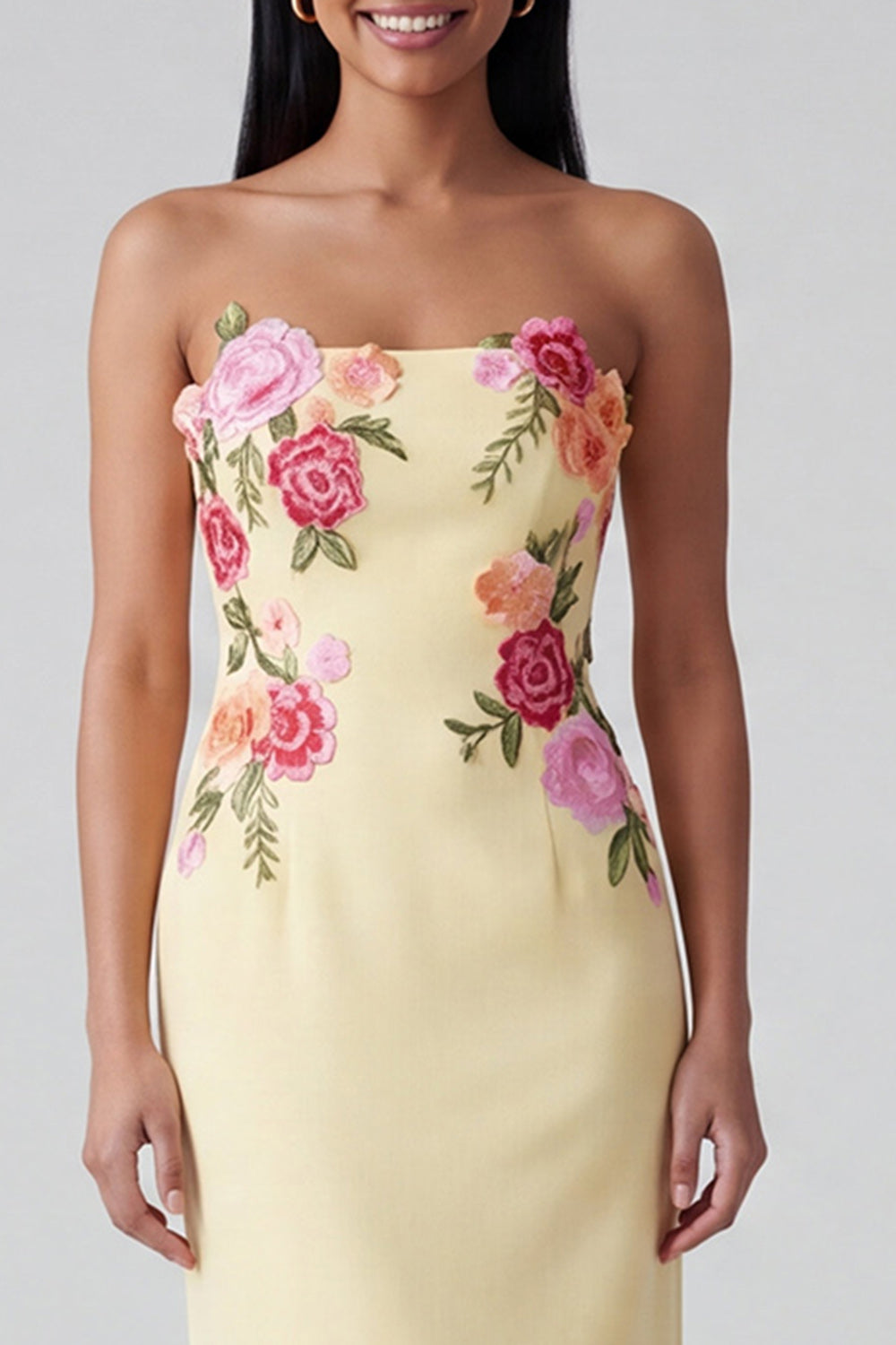 Strapless Light Yellow Printed Sheath Wedding Guest Dress