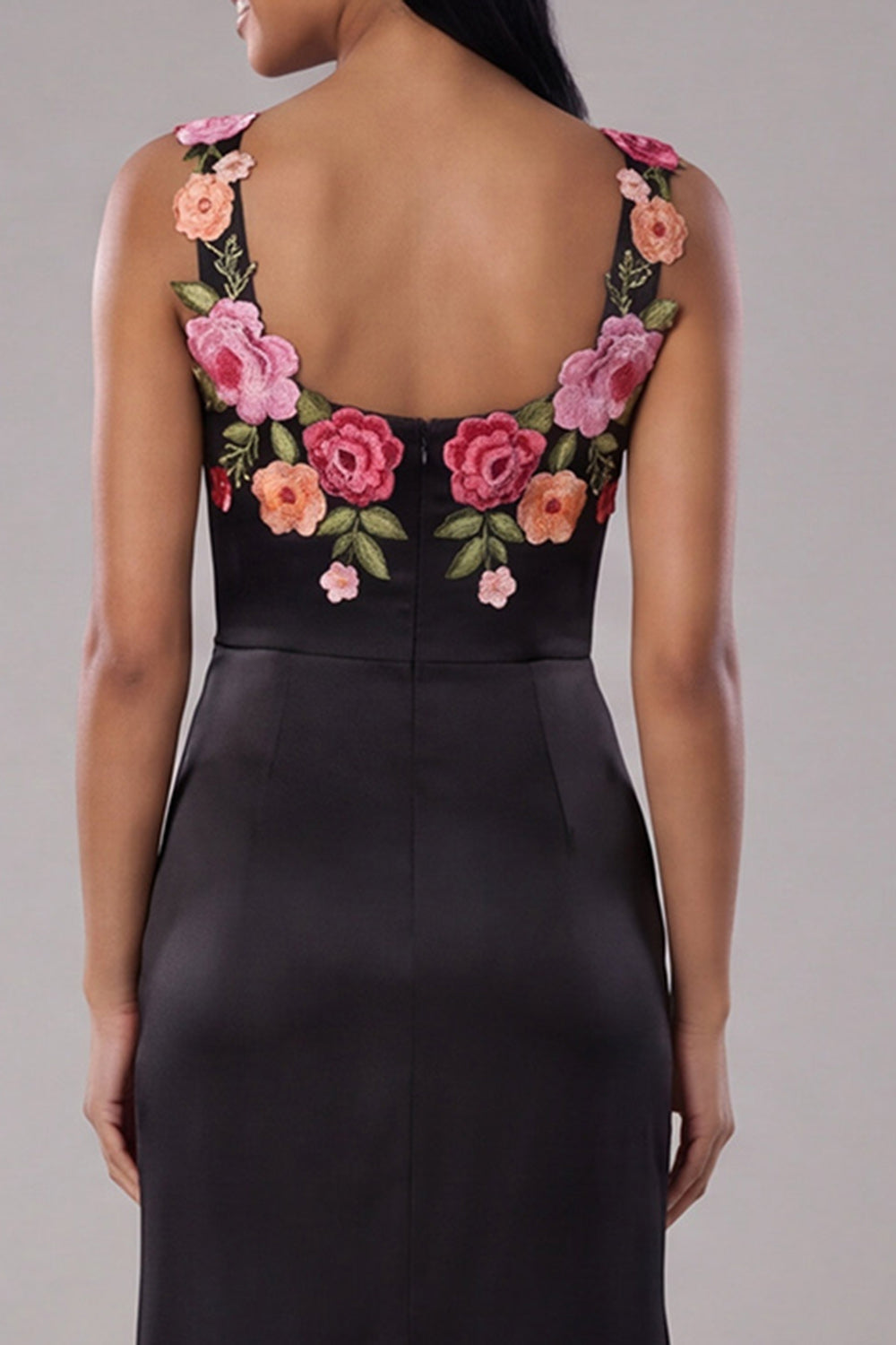 Black Floral Appliqued Mermaid Wedding Guest Dress with Slit