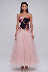 Black and Pink Floral Strapless A Line Tulle Wedding Guest Dress