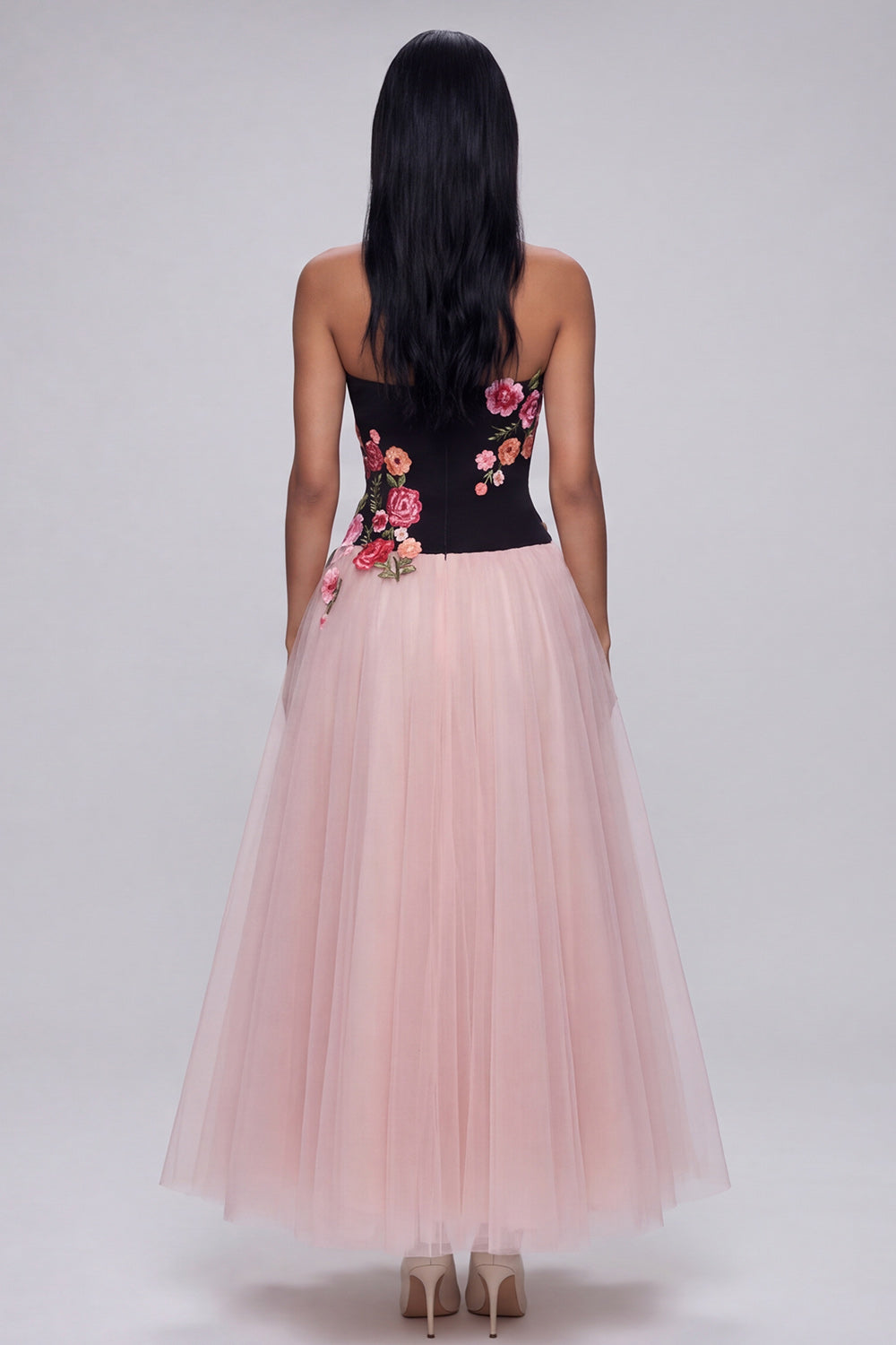 Black and Pink Floral Strapless A Line Tulle Wedding Guest Dress