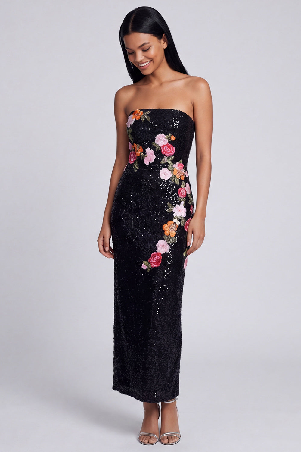 Sparkly Strapless Black Floral Bodycon Maxi Wedding Guest Dress