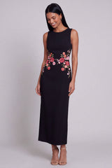 Black Floral Round Neck Maxi Wedding Guest Dress