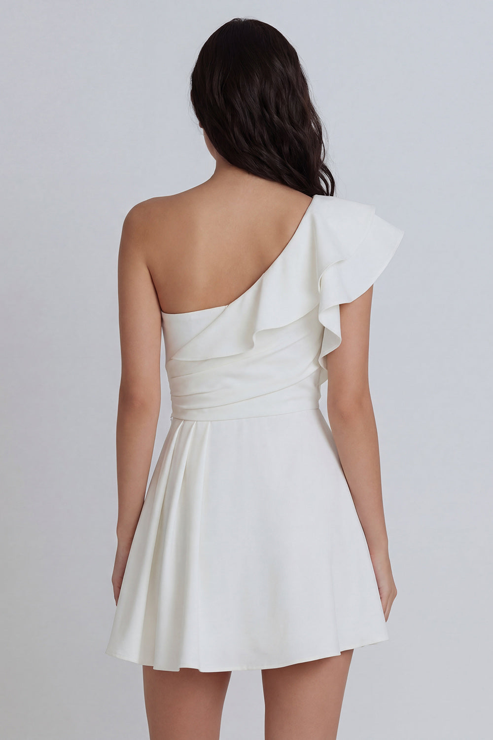 One Shoulder Ruffled Ruched Mini White Dress