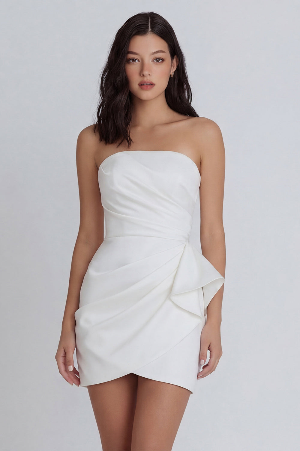 Strapless Ruched Bodycon Mini White Dress