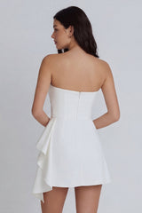 Strapless Ruffled Ruched Mini White Dress