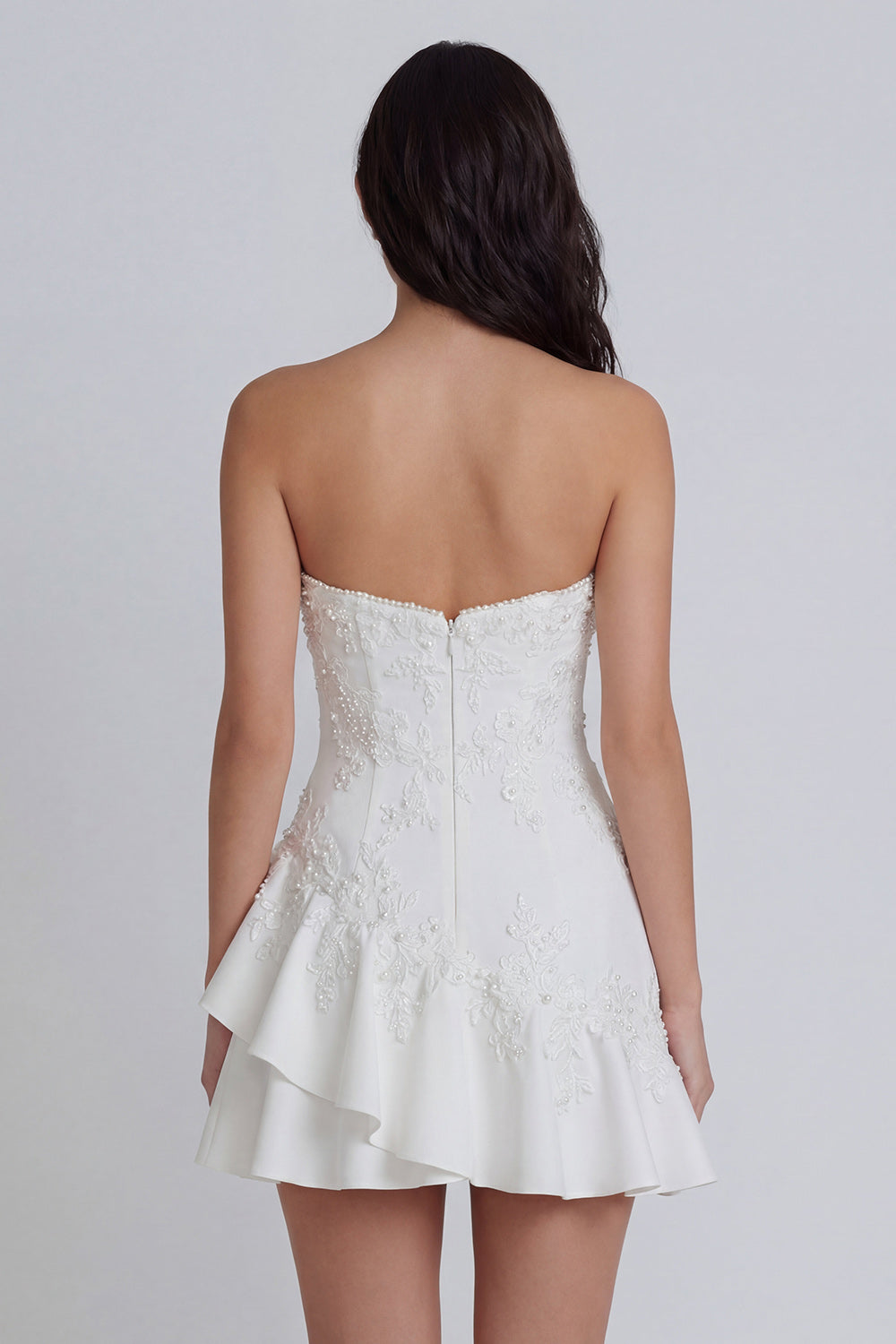Strapless Appliqued Mini White Dress with Pearls