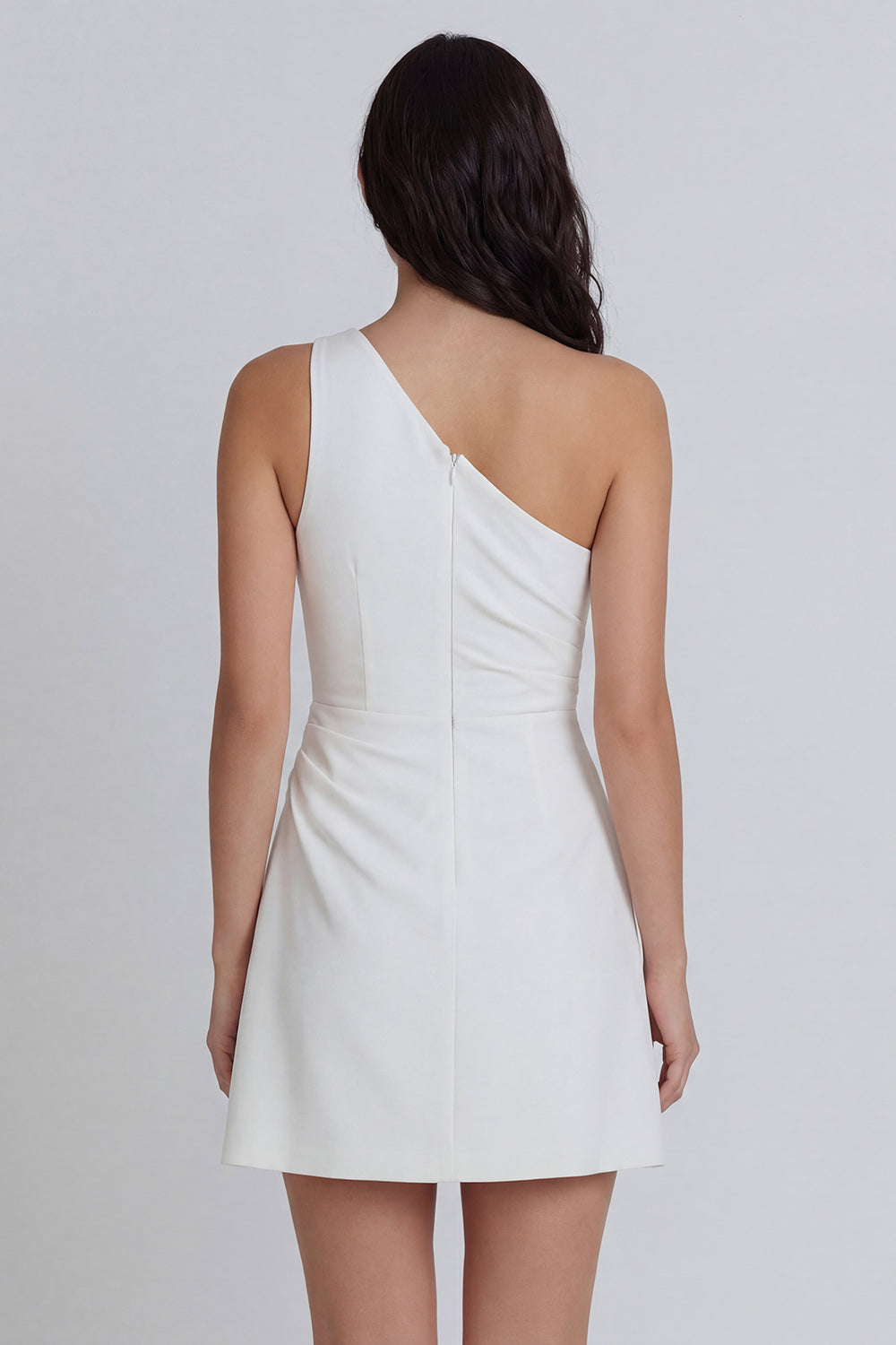 One Shoulder Ruched A Line Mini White Dress