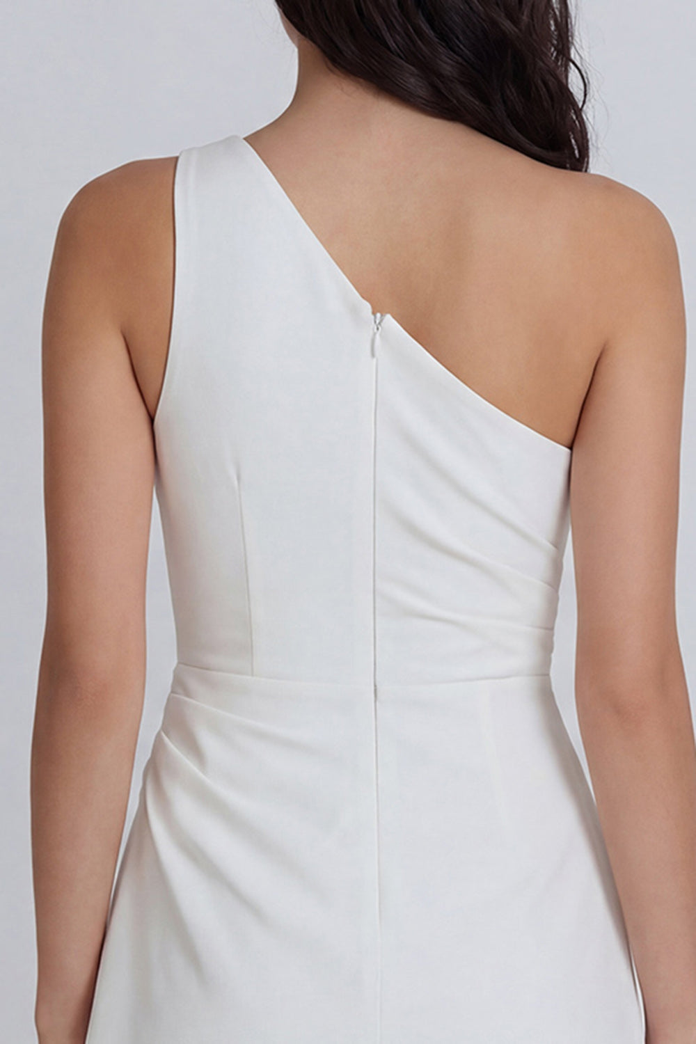 One Shoulder Ruched A Line Mini White Dress