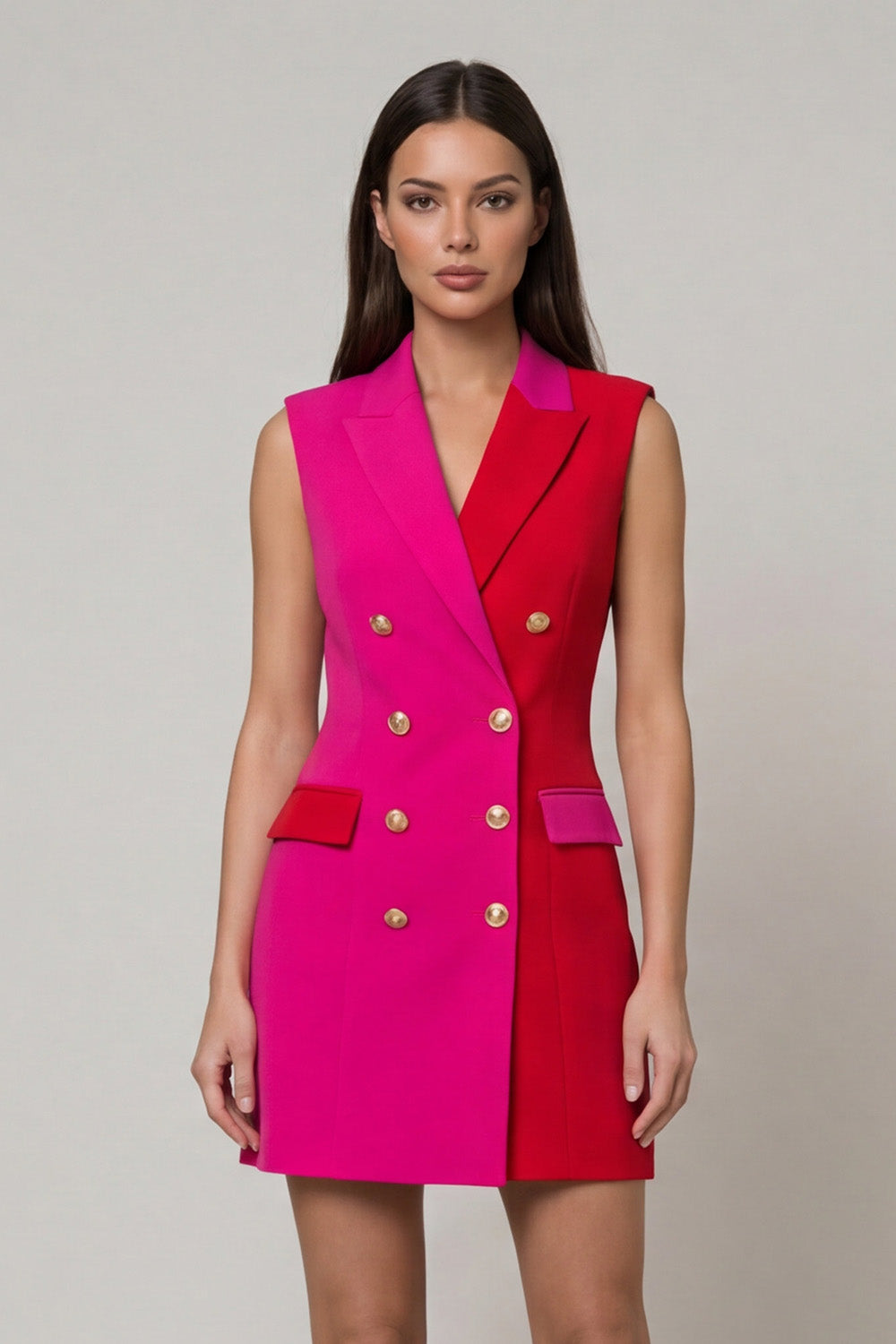 Peaked Lapel ColorBlock Fuchsia and Red Bodycon Mini Work Dress