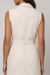Peaked Lapel Bodycon Ivory Mini Work Dress with Sash