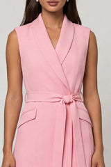 Shawl Lapel Bodycon Pink Midi Work Dress with Sash
