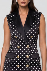 Black Peaked Lapel Polka Dot Sleeveless Bodycon Mini Work Dress